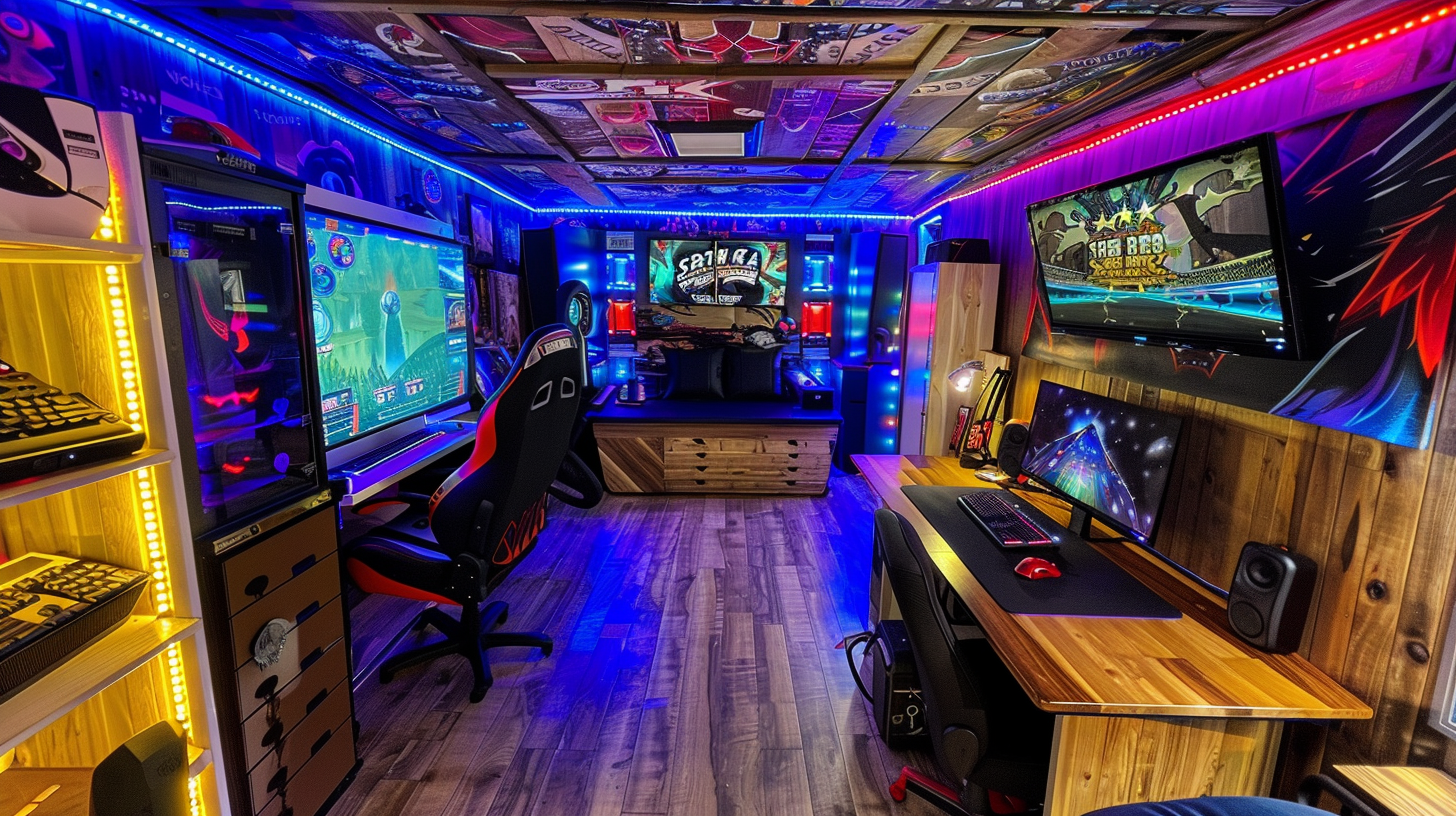 Children enjoying interactive video games inside a vibrant mobile gaming trailer, equipped with ergonomic gaming chairs and high-end gaming PCs featuring colorful LED lighting.